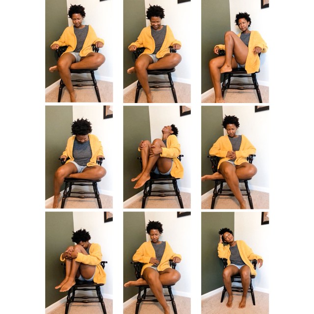 9 images of a person with short hair wearing a grey top, yellow cardigan and shorts sitting in various positions a black chair in the corner of a room. The background is one green wall and one white wall.